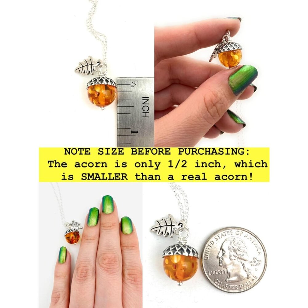 Orange and Silver Acorn Necklace - Fall Orange Acorn Pendant- Cute Nature Charm - Picture 2 of 9